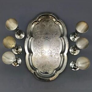 Pilgrim Silverplate Goblets Set of 6 with Etched Unbranded Silverplate Tray
